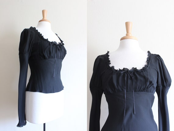 Vintage 1990s Sheer Black Silk Chiffon Peasant Top