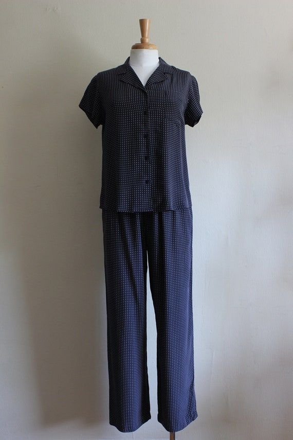 Vintage 1990s Navy Polka Dot Silk Top and Pants 2… - image 2