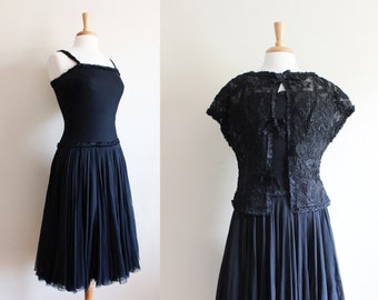 Vintage 1950s James Galanos Black Chiffon Dress with Lace Jacket