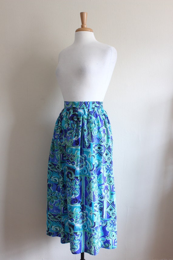 Vintage Green & Blue Print Silk Midi Skirt - image 7