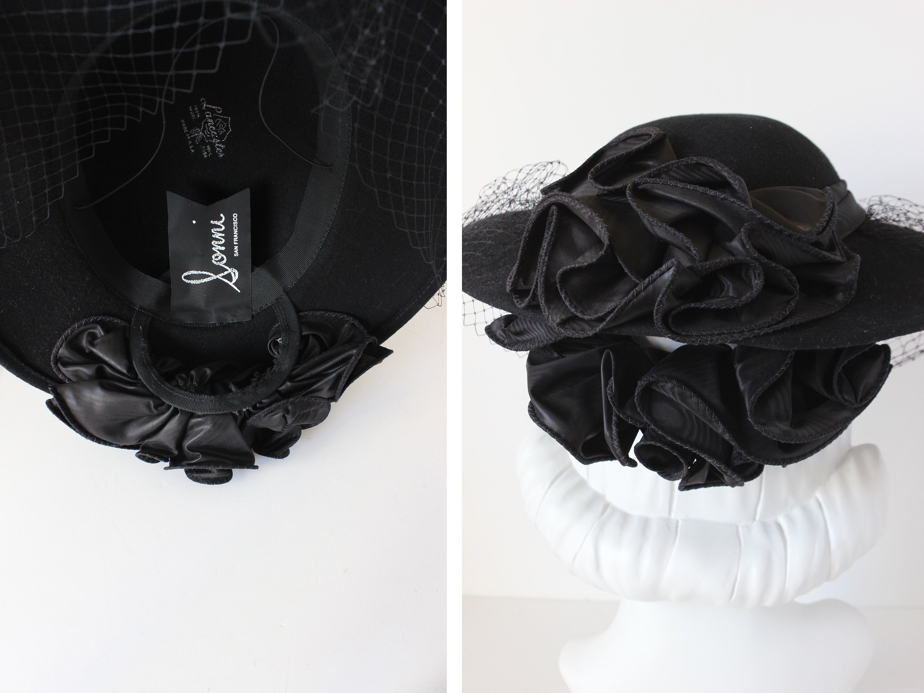 Vintage Sonni San Francisco Black Veiled Wide Brim Tilt Hat  display picture 2