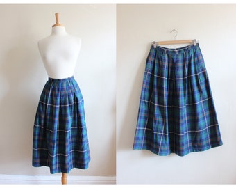 Vintage Green & Navy Plaid Cotton Midi Skirt