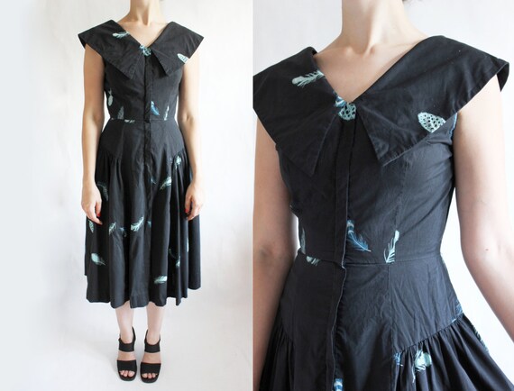 Vintage Blue Feather Print 1950s Dress