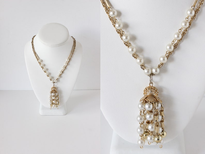 Vintage Goldtone Chain /& Faux Pearl Fringe Tassel Coro Necklace