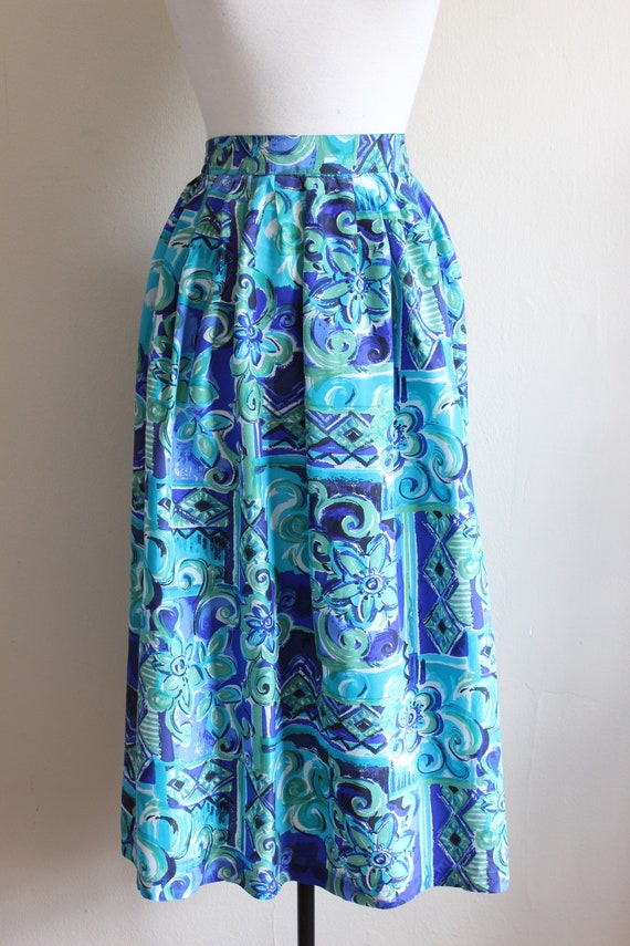 Vintage Green & Blue Print Silk Midi Skirt - image 3