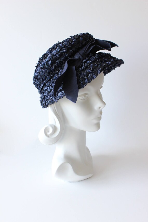 Vintage 1960s Navy Blue Woven Cello Straw Hat - image 5