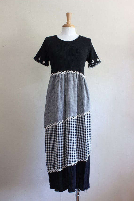 Vintage Black Waffle Knit & Gingham Midi Dress wi… - image 2