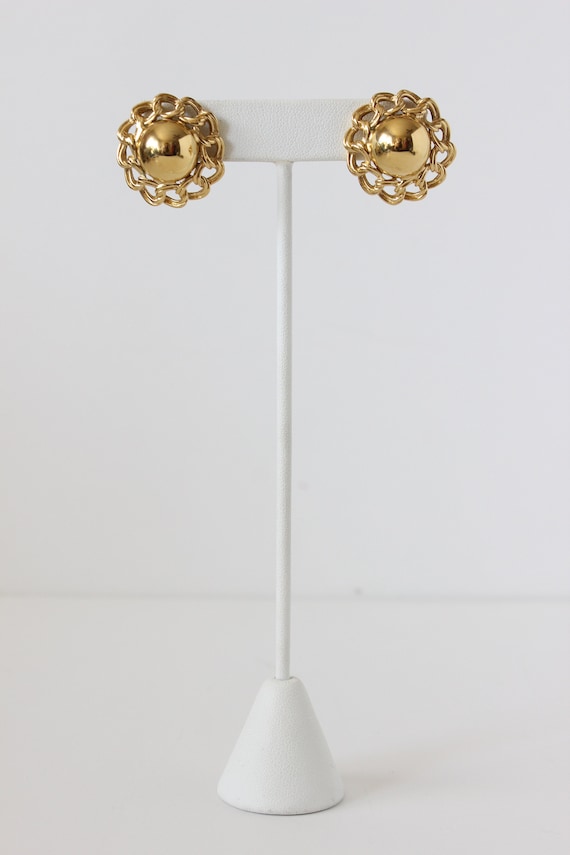 Vintage Gold Tone Chain Trim Button Earrings