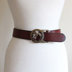 Vintage 1970s Brown Leather and Chunky Brass Round Buckle Belt