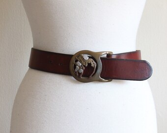 Vintage 1970s Brown Leather and Chunky Brass Round Buckle Belt