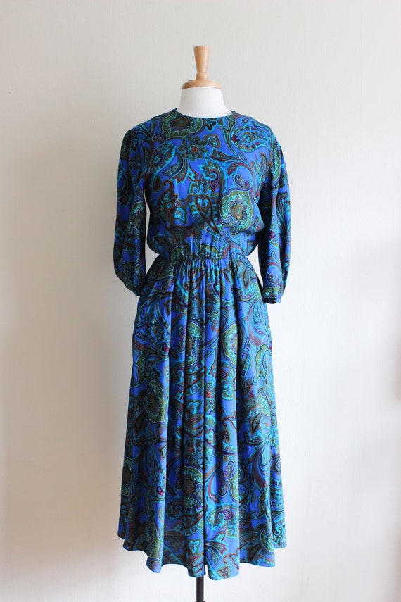 Vintage 1980s Green & Blue Paisley Midi Dress - image 2