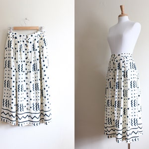 Vintage Counterparts White Black and Blue Print Midi Skirt