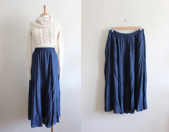 Vintage 1990s Navy Blue Crinkle Silk Chiffon Midi