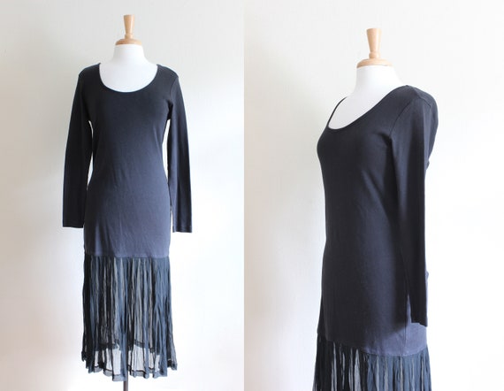 Vintage Long Sleeve Sheer Hem Black Knit Midi Dre… - image 1
