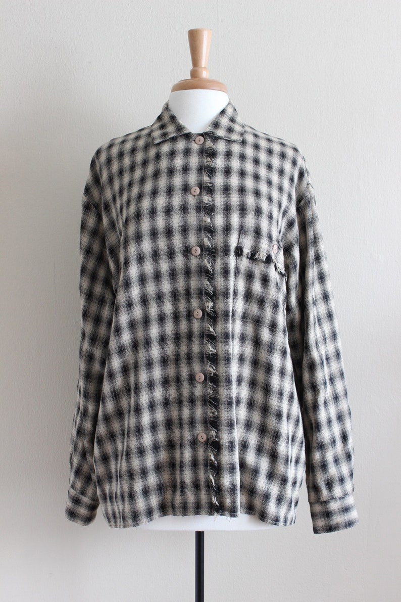 Vintage Black /& Tan Plaid Fringe Trim Button Down Top