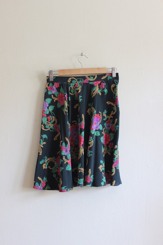 Vintage Black Floral 100% Silk Mini Skirt - image 8