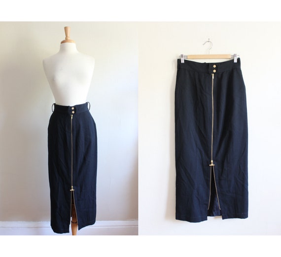 Vintage Black Wool Zipper Front Midi Skirt - image 1