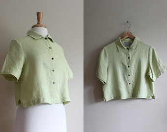 Vintage Short Sleeve Lime Green Linen Button Down Crop Top