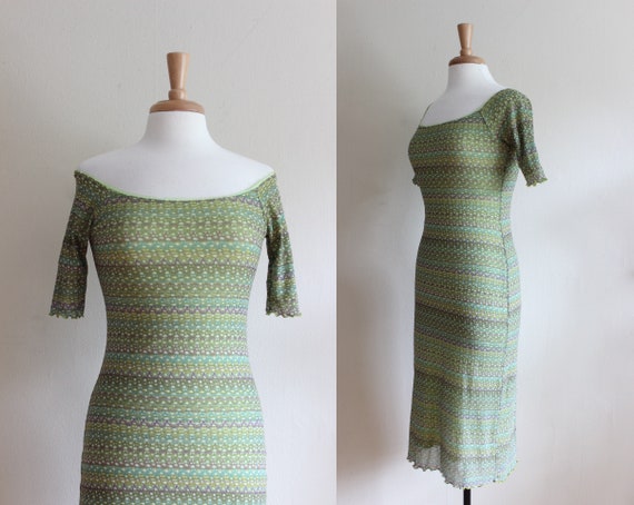 Vintage 1990s Green Print Stretch Mesh Dress