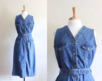 Vintage 1990s Button Front Belted Denim Dress