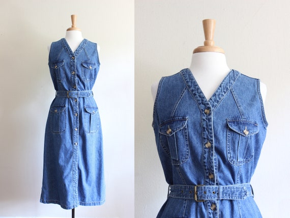 Vintage 1990s Button Front Belted Denim Dress - image 1