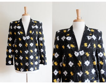 Vintage Yellow & Black Ikat Print Cotton Blazer Jacket