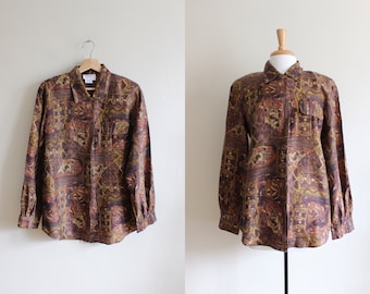 Vintage Burgundy and Gold Print 100% Silk Button Down Top