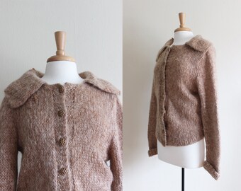 Vintage 1950s Hand Knit Caramel Mohair Cardigan Sweater