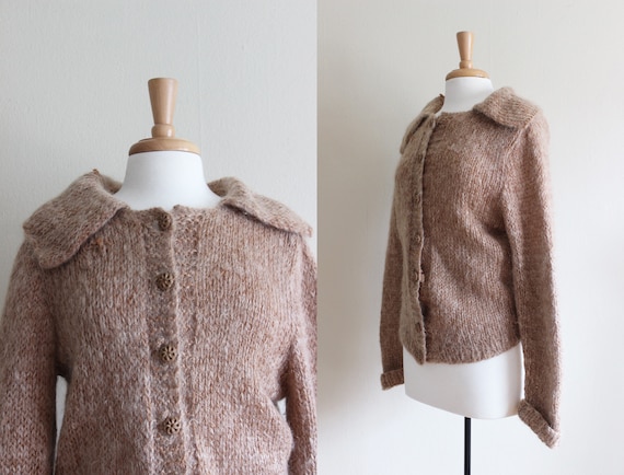 Vintage 1950s Hand Knit Caramel Mohair Cardigan Sw