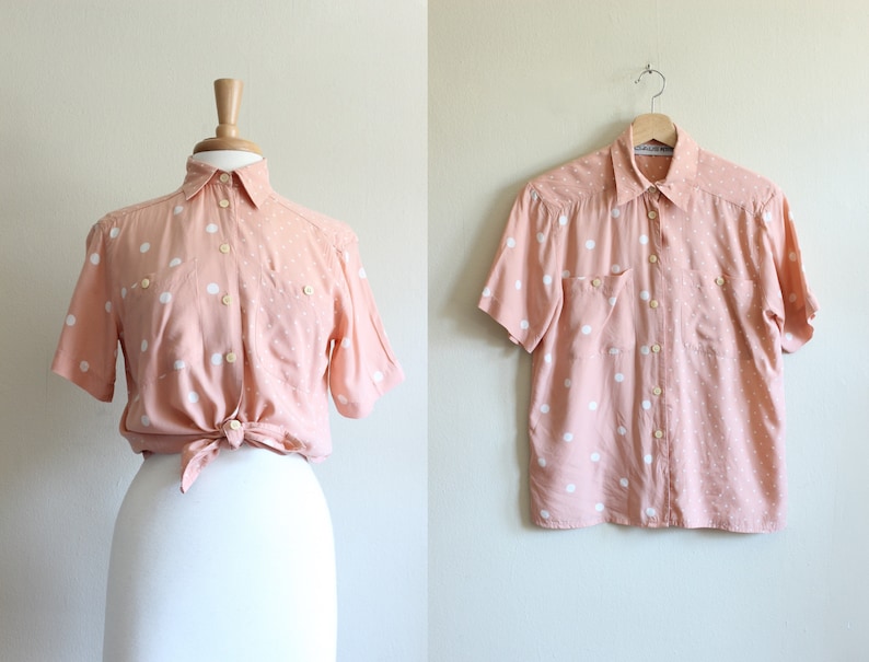Vintage Peachy Pink Polka Dot Button Down Top