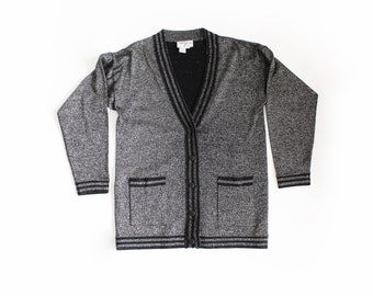 Vintage Metallic Black & Silver Letterman Style Oversize Cardigan Sweater