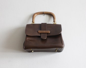 Vintage Brown Leather Wood Top Handle Bag
