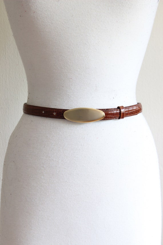 Vintage Brown Embossed Leather Belt with Brushed G