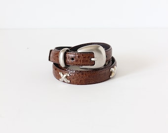 Vintage Brown Embossed Leather Skinny Belt with Brushed Silver Tone Hardware