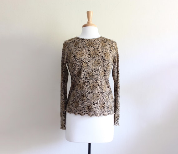 Vintage 1990s Leopard Print Stretch Mesh Long Sle… - image 1