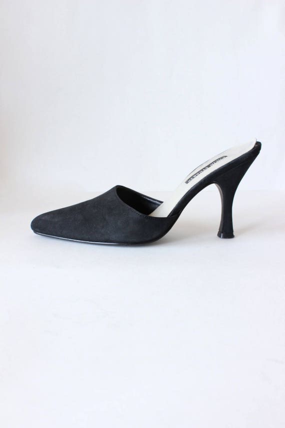 Vintage 1990s Black Suede Stiletto Mules, size 7