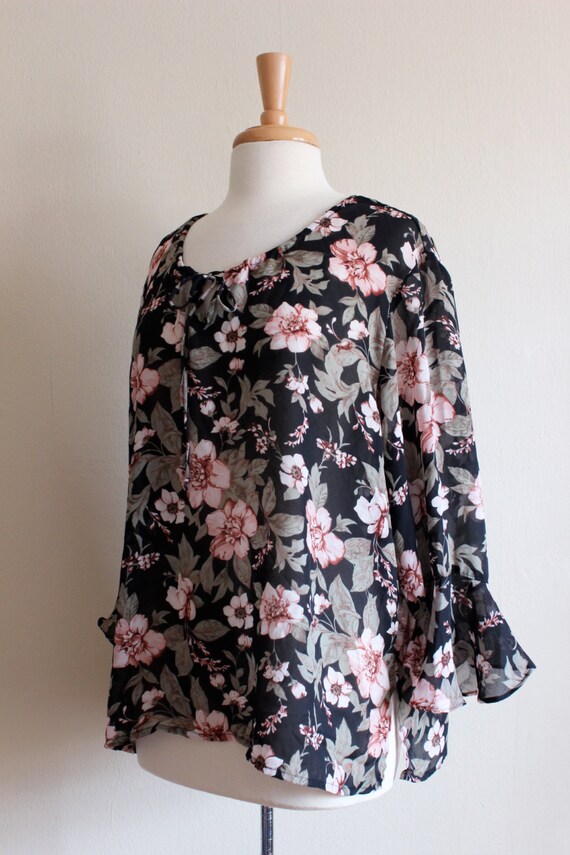 Vintage 1970s Sheer Pink & Black Floral Top - image 2