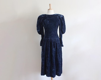 Vintage Puff Sleeve Navy Blue Crushed Velvet Dress
