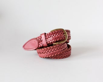 Vintage Red Braided Leather Belt with Gold Tone Buckle