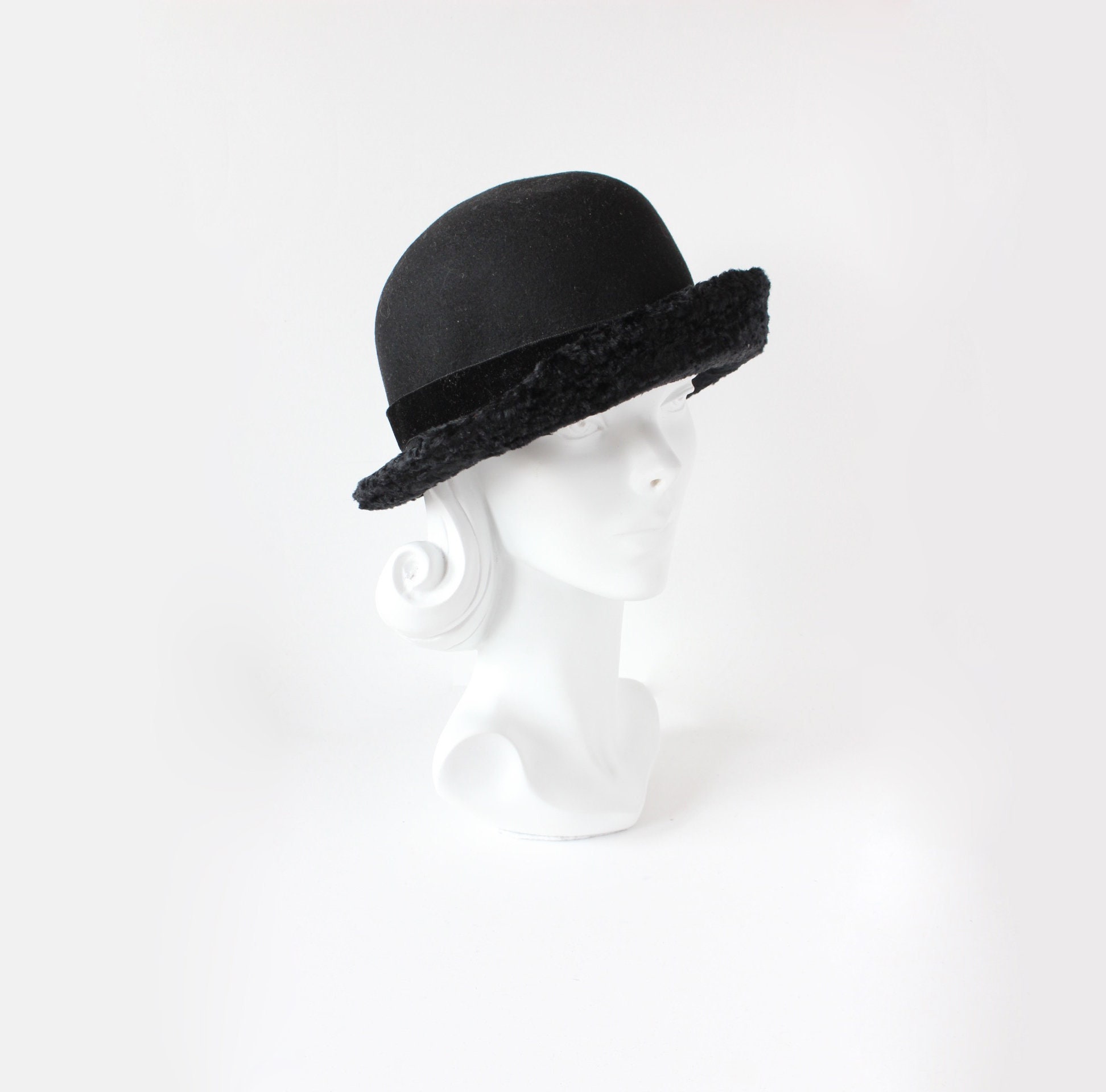 Vintage Black Wool Felt & Faux Fur Bowler Style Hat - Etsy UK