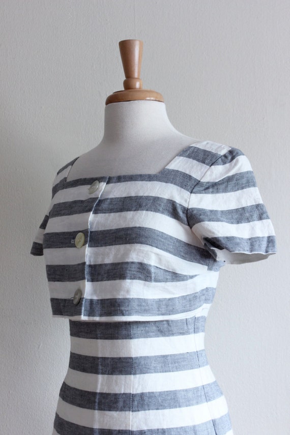 Vintage Geary Roark Grey & White Stripe Linen Dre… - image 4