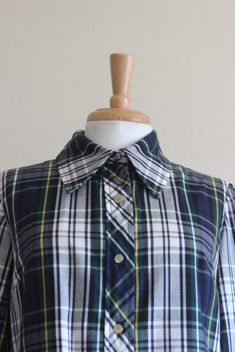 Vintage 1960s Navy, Green & White Plaid Long Sleeve Shirtdress image 3