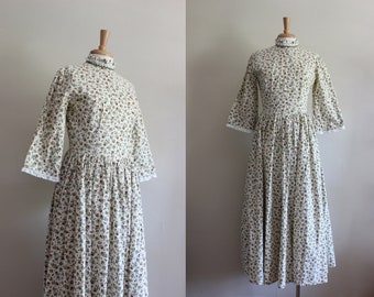 Vintage 1970s Ivory Fruit Print Cotton Prairie Dress