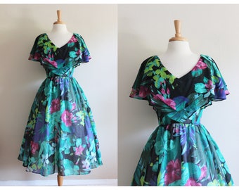 Vintage 1980s does 1950s Green & Black Floral Party Dress