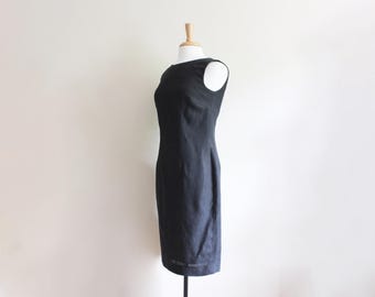 Vintage 1990s Minimalist Button Back Black Linen Dress