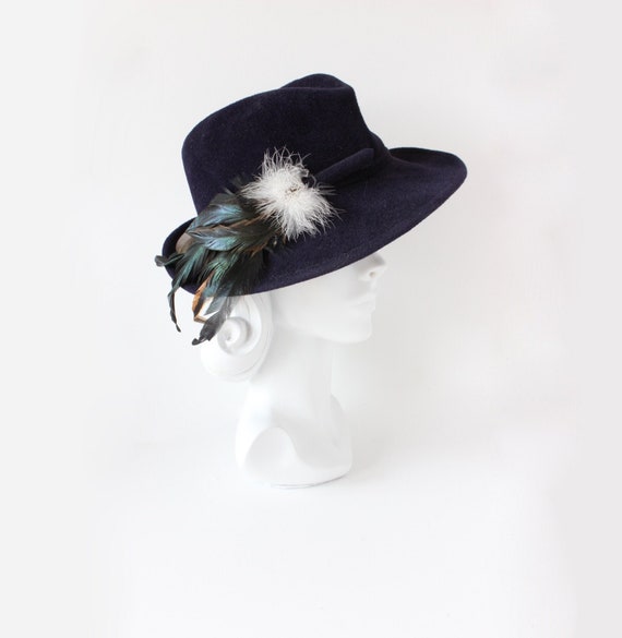 Vintage 1970s Betmar Navy Blue Fedora with Feather