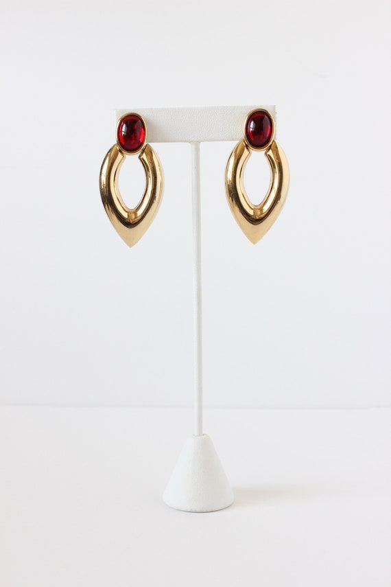 Vintage Napier Red Cabochon Gold Tone Dangle Earri