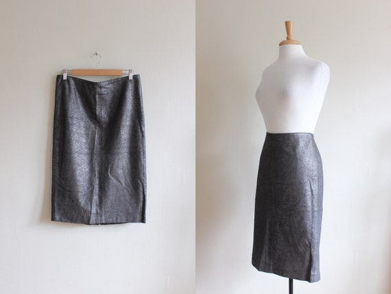 Vintage 1990s Metallic Gunmetal Crackle Leather Sk
