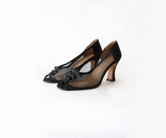 Vintage Sheer Black Mesh Peep Toe Bow 