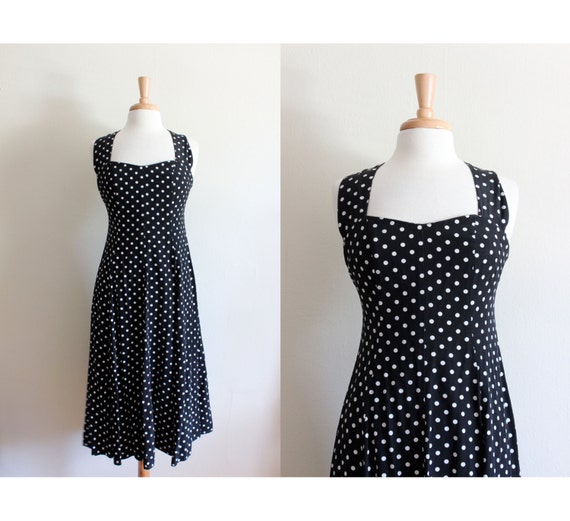 Vintage Black Polka Dot Fit And Flare Pinup Midi Dress Etsy